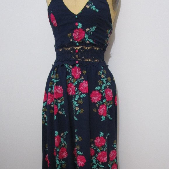 Floral Maxi Halter Racer Dress Fuchsia Navy Blue Crepe - Picture 3 of 10